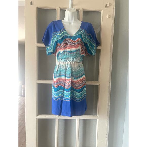 Trina Turk Blue Silk Agate Caspian Swirl Wave Dress - Picture 4 of 8